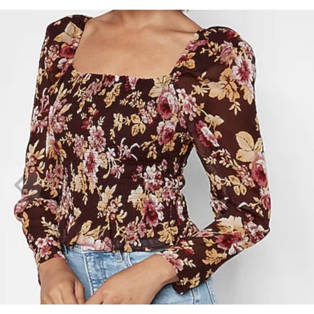 Express Smocked Blouse Top Sz S Puff Sleeve Boho Floral Peplum Cottage Babydoll‎